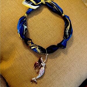 Elegant Blue and Gold Scarf Necklace with Mermaid Pendant (not vintage)